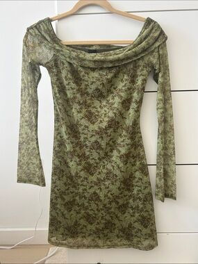 Urban Outfitters Olive Green Floral Off-Shoulder Dress